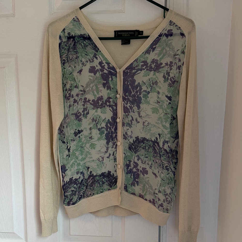 Shanghai Tang Cream and Green Floral Cardigan